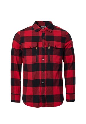 Rot-schwarz karierte langärmlige Hemd mit Knopfleiste vorne, zwei Klapp-Brusttaschen und zwei vertikale Reißverschluss-Brusttaschen.