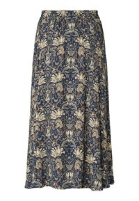 Floral-patterned skirt in navy fabric, featuring an elastic waistband and a flowing A-line silhouette with cream and rust accents.