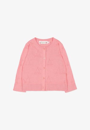 Cardigan rosa lavorato a maglia con maniche lunghe, caratterizzato da un motivo ciliegie, scollo arrotondato e chiusura frontale con bottoni. Texture morbida e polsini a coste.