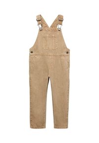Salopette en denim beige avec des bretelles ajustables, une poche avant et des poches latérales. Caractéristiques des boutons métalliques et un design à jambes droites.