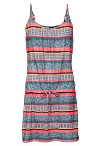 Robe rayée présentant des couleurs bleue, corail et noire, avec un motif floral et une taille à cordon. Bretelles spaghetti et tissu léger.