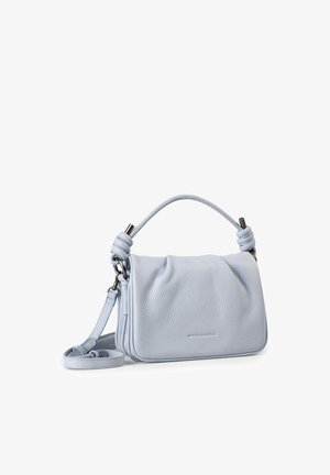 Hellblaue strukturierte Lederhandtasche mit einem oberen Griff mit Knotendetails und einem abnehmbaren Schulterriemen.