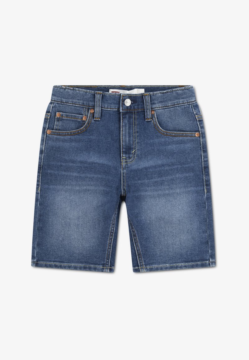 Denim kratke hlače u srednje plavoj boji s izblijedjelim pranjem. Imaju tipičan dizajn s pet džepova, zatvaranje na gumbe i detalje sa kontrastnim šavovima.