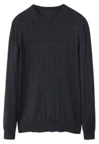 Dunkelgrauer Pullover mit rundem Halsausschnitt, gerippter Textur und langen Ärmeln. Verfügt über vertikale Streifen entlang des Stoffes.
