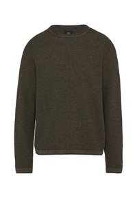 Dunkelgrüner Rundhalsausschnitt-Pullover aus strukturiertem Strickstoff, mit langen Ärmeln und geradem Saum, minimalen Nähten an den Kanten.