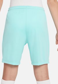 Lichtblauwe sportshorts gemaakt van glad synthetisch materiaal, met een elastische tailleband en omgeslagen boorden, weergegeven vanuit de achterkant.