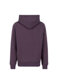 Fialová mikina s kapucňou, mäkká tkanina, rebrované manžety a lem, veľká kapucňa s zaoblenými okrajmi, minimalistic design, žiadne viditeľné označenia.