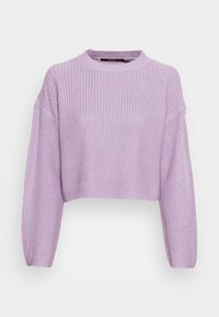 Maglione corto in lavanda chiaro, con texture a coste, maniche ampie e scollo rotondo.