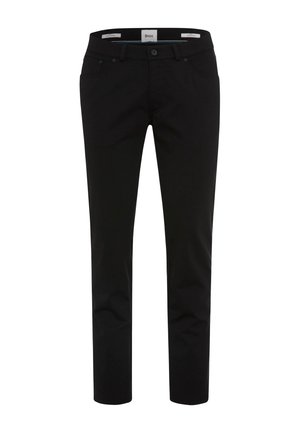 Pantaloni neri slim fit con chiusura con bottone e cerniera, passanti per cintura e tasche frontali, mostrati su sfondo bianco.