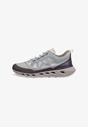 Vaaleanharmaa ja beige urheilutossu, jossa ruskeat yksityiskohdat, verkkopäällinen, nauhakiinnitys ja ilmastoitu, paksusti pehmustettu pohja.