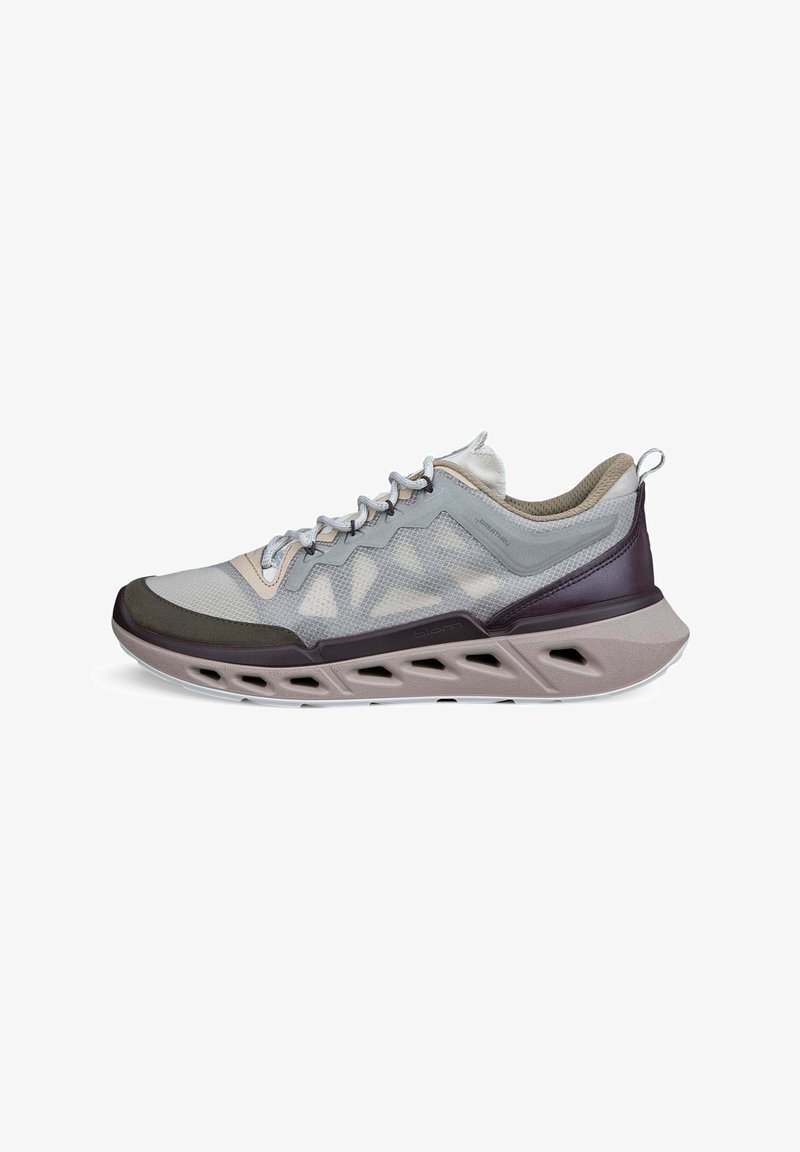 Vaaleanharmaa ja beige urheilutossu, jossa ruskeat yksityiskohdat, verkkopäällinen, nauhakiinnitys ja ilmastoitu, paksusti pehmustettu pohja.