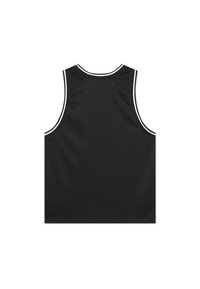 Black mesh basketball tank top with a round neckline, sleeveless design, and white trim along the armholes and neck.