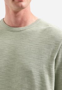 Lichtgroene trui met een ronde hals, textuur gebreide stof en een geribbelde kraag. Het ontwerp heeft een subtiel patroon door het hele kledingstuk.