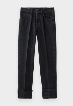Calças de ganga pretas com um corte descontraído, apresentando bainhas dobradas e uma marcação em relevo na bainha. Design clássico de cinco bolsos com costuras em contraste.