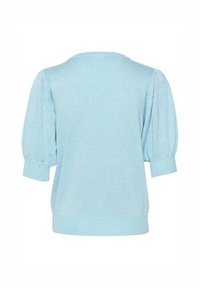 Lyseblå strikket kortærmet sweater med puffede ærmer og ribbede manchetter og kant, vist fra bagsiden på en hvid baggrund.