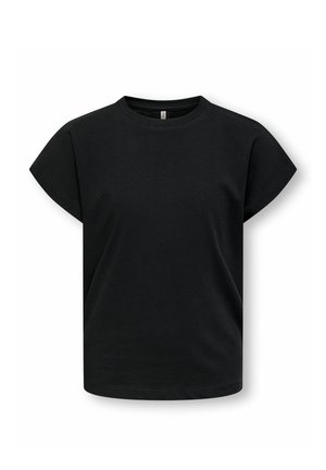 Black short-sleeve crew neck T-shirt with a relaxed fit, made of smooth fabric, displayed on a white background.