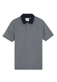 Grijze polo shirt met marineblauwe kraag, korte mouwen en een knoopsluiting met drie knopen. Gemaakt van een geweven stof met donkergrijze accenten op de schouders.