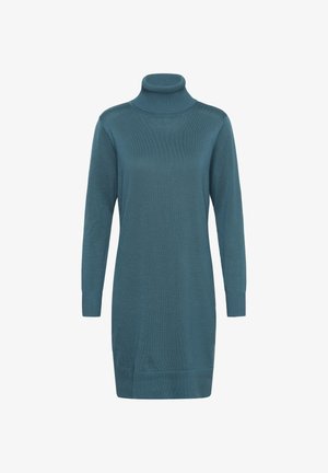 Mėlynas turtleneko suknelė su lygiu mezgimo tekstūru, turinti ilgomis rankovėmis ir banguotu apykakle, su tiesiu, virš kelių ilgiu.