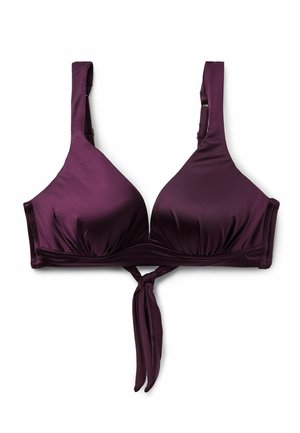 Fioletowy top od bikini z szerokimi ramiączkami i węzłem z przodu, wykonany z gładkiego, błyszczącego materiału.