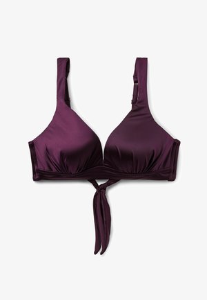 Fioletowy top od bikini z szerokimi ramiączkami i węzłem z przodu, wykonany z gładkiego, błyszczącego materiału.