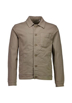 Giacca verde oliva chiaro realizzata in tessuto robusto, dotata di chiusura con bottoni, taschino sul petto e tasche laterali, con un design classico del collo.