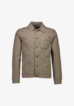 Light olive green jacket made of sturdy fabric, featuring a button closure, chest pocket, and side pockets, with a classic collar design.