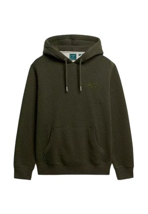 Sudadera con capucha de color verde oscuro, con bolsillo tipo canguro al frente, cordones ajustables y un logo bordado sutil en el pecho.
