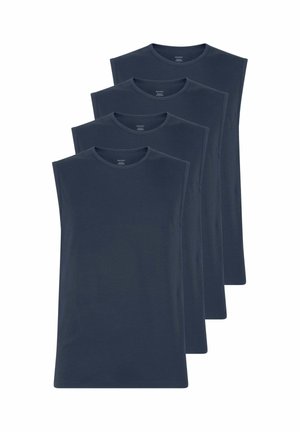 Quattro canottiere senza maniche di colore blu scuro con scollo rotondo impilate diagonalmente su uno sfondo bianco.