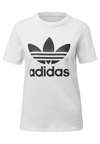 Witte katoenen t-shirt met een opvallend zwart Adidas trefoil logo en drie horizontale strepen onder het logo. Klassiek crew neck ontwerp.