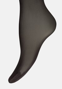 Svart genomskinlig strumpbyxa med en slät textur, som har en åtsittande design som formar sig efter foten och smalnar av till en rund tå.