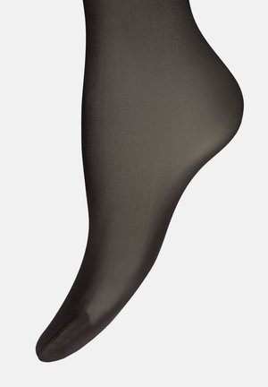 Schwarze, transparente Strumpfhosen mit einer glatten Textur, die eine enganliegende Passform bieten und sich dem Fuß anpassen, bis sie zu einer abgerundeten Spitze tapering.