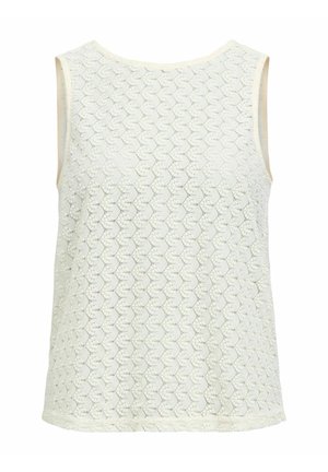 Haut blanc sans manches avec un motif en dentelle nid d'abeille texturé et un col rond, présenté de face sur un fond uni.