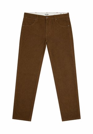 Bruine denim jeans met een recht model, vijf zakken en een knoopsluiting. Heeft subtiele textuur en stikdetails.