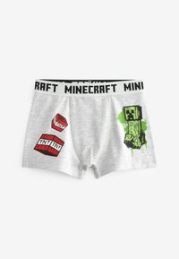 Boxeri din bumbac gri, cu grafica tematică din Minecraft: cutii TNT roșii și un Creeper verde, cu un tiv negru cu marcaj.