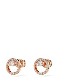 Örhängen i roséguld med cirkulär design och en central klar sten omgiven av mindre kristaller. Slät yta, polerad finish.