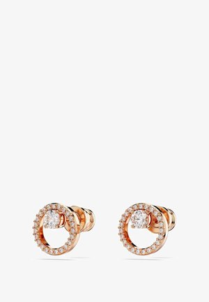 Roze gouden oorbellen met een cirkelvormig ontwerp, een centrale heldere steen en omliggende kleinere kristallen. Glad oppervlak, gepolijste afwerking.