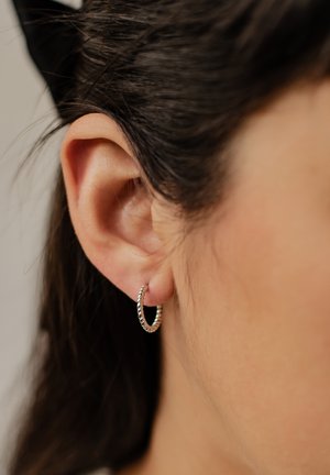 Orecchino a cerchio argentato indossato, caratterizzato da un design intrecciato che crea texture e dimensione. La vista ravvicinata mette in evidenza la sua forma.