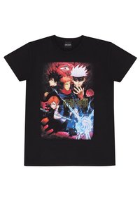 Černé bavlněné tričko s barevným anime grafickým vzorem se čtyřmi postavami a modrým magickým prvkem ve středu.