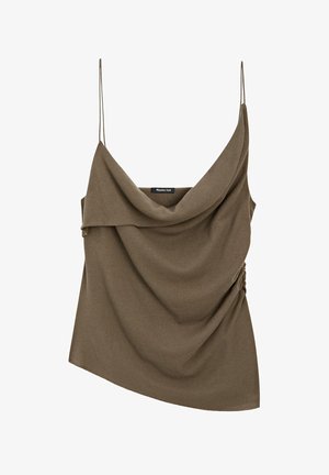 Haut sans manches drapé en vert olive avec de fines bretelles et un détail froncé sur le côté, fabriqué à partir d'un tissu doux. Mesures asymétriques.