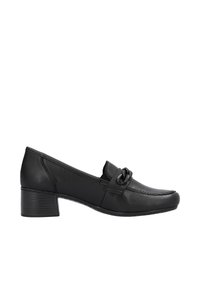 Mocassins en cuir noir avec un petit talon carré, bout arrondi et détail de nœud décoratif sur le devant ; texture lisse et design élégant.