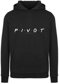 Černá mikina s kapucí, na které je v bílých písmenách slovo "PIVOT" s barevnými tečkami. Má přední kapsu a žebrované manžety a spodní lem.