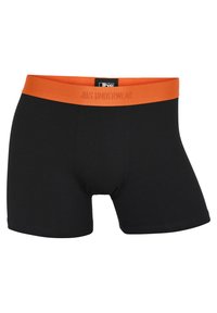 Svarta boxershorts med en slät textur, med ett orange elastiskt midjeband märkt "JBS UNDERWEAR." Längd till mitten av låret.