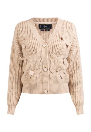 Beige gebreide cardigan met een V-hals, decoratieve strikken en parelknopen. Geweven patroon met geribbelde manchetten en zoom.