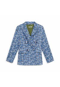 Veste croisée avec un motif géométrique bleu, fabriquée en tissu léger. Comprend une doublure vert olive et des accents décoratifs en forme de glands.