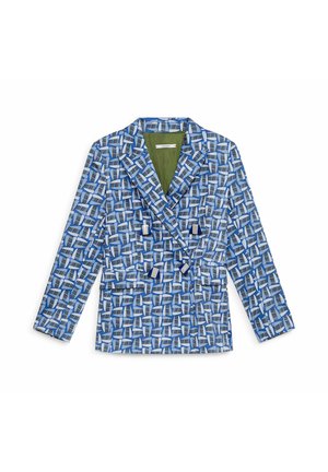 Blazer doppiopetto con motivo geometrico blu, realizzato in tessuto leggero. Presenta una fodera verde oliva e dettagli decorativi con nappine.