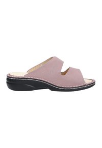 Pink leather slide sandal with two openings, textured upper, black rubber sole, and white stitching along the edge.