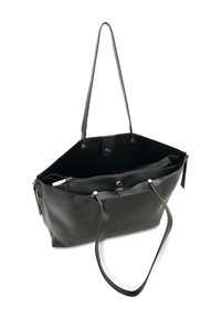 Zwarte leren tote bag met een gestructureerde buitenkant, twee schouderbanden en een ruime binnenkant met een ritsvak en drukknoopsluiting.