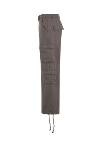 Pantalons cargo en tissu coton gris foncé, dotés de plusieurs poches latérales, d'une coupe fuselée et d'ourlets réglables avec cordon.