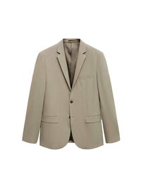 Ljusbeige blazer med slagkrage, enkel knäppning, två framfickor och en bröstficka. Texturerad tyg. Skräddarsydd passform.