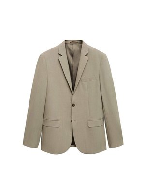 Blazer beige chiaro con rever a scatto, chiusura a un bottone, due tasche frontali e una tasca sul petto. Tessuto testurizzato. Vestibilità sartoriale.